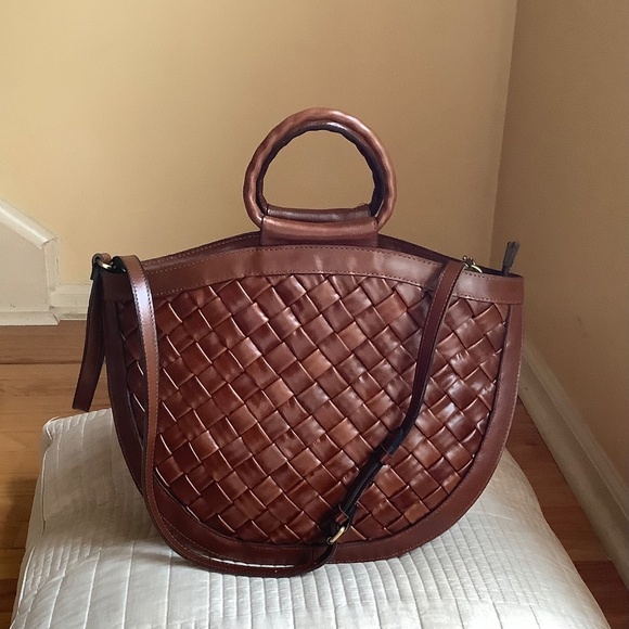Patricia Nash Woven Leather Oliena Top Handle Satchel Crossbody Cognac SZ Large - Picture 2 of 16